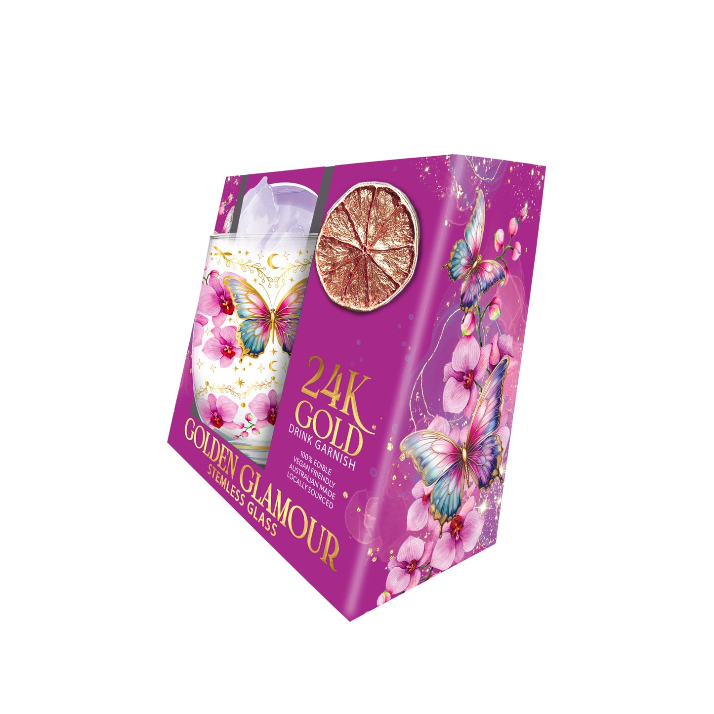 Lisa Pollock Stemless Glass Gold Detailing With 24K Gold Lime Garnish Butterfly Orchids