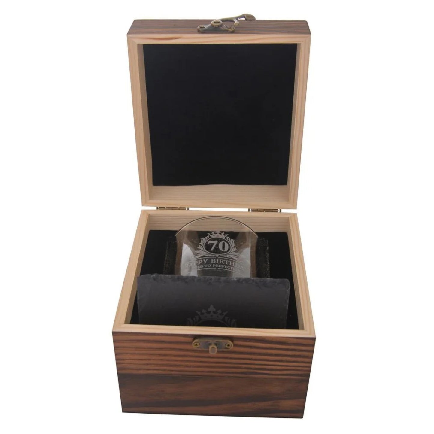 Birthday Whiskey Glass & Slate Coaster Set in Wooden Box 70th