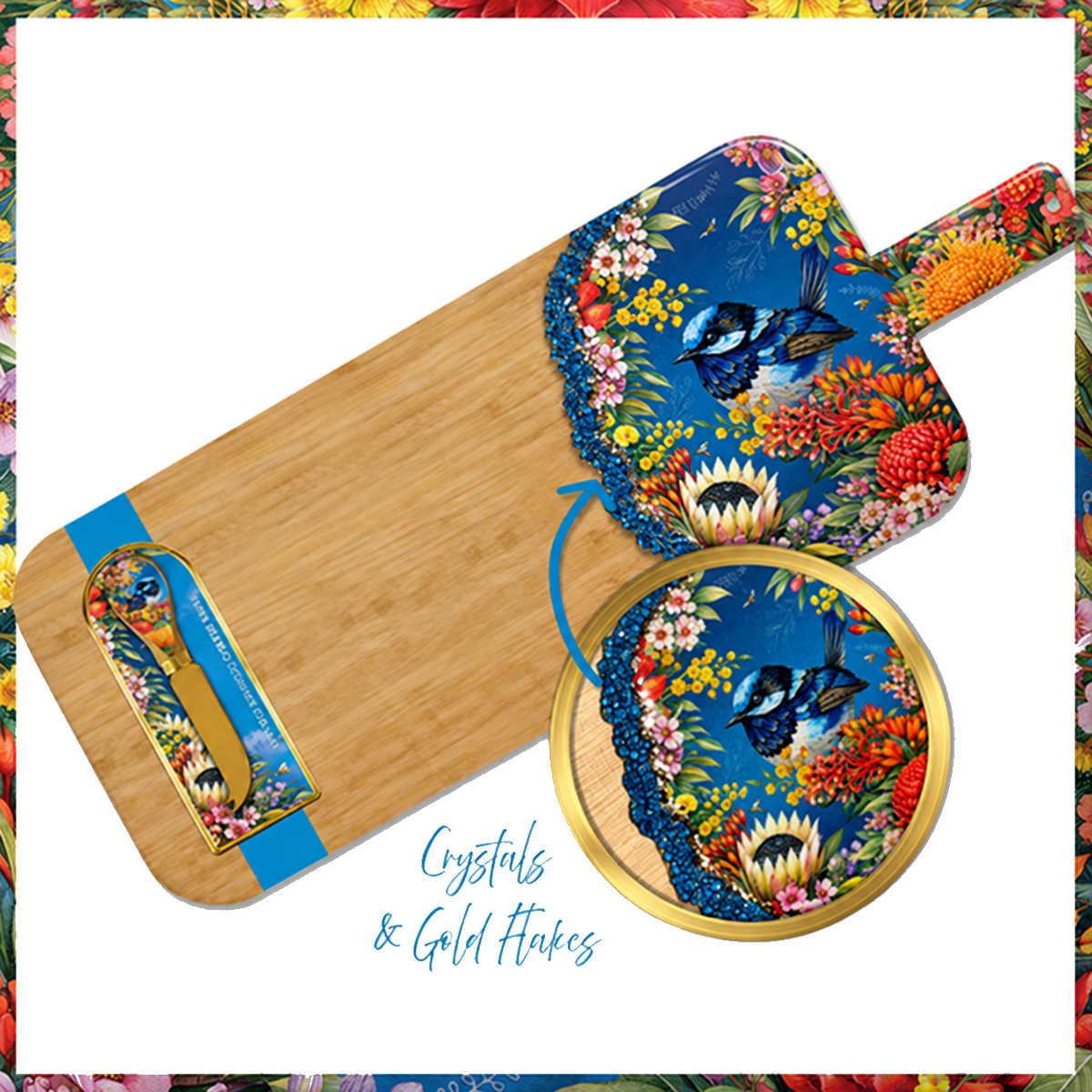 Lisa Pollock Crystal Resin Bamboo Board With Matching Cheese Knife Floral Fairy Wrens