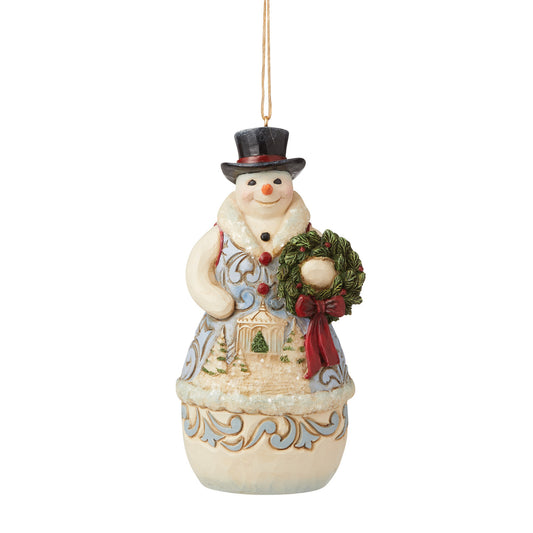 HEARTWOOD CREEK HANGING ORNAMENT VICTORIAN SNOWMAN WITH WREATH 11CM