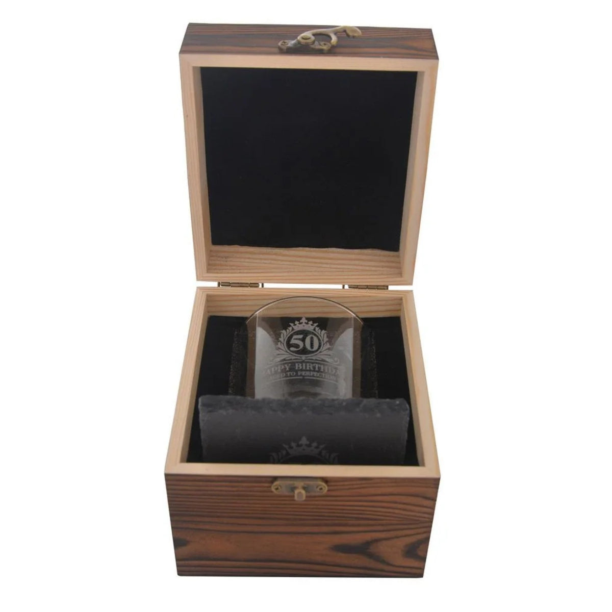 Birthday Whiskey Glass & Slate Coaster Set in Wooden Box 50th