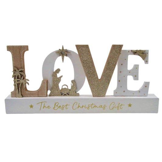 Christmas Wooden Nativity Scene Wood With Glitter "LOVE"
