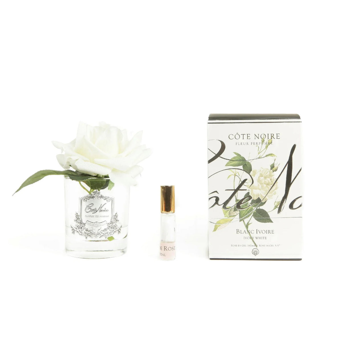 Cote Noire Single French Rose Perfumed Natural Touch Ivory White In Clear Glass With Silver Crest