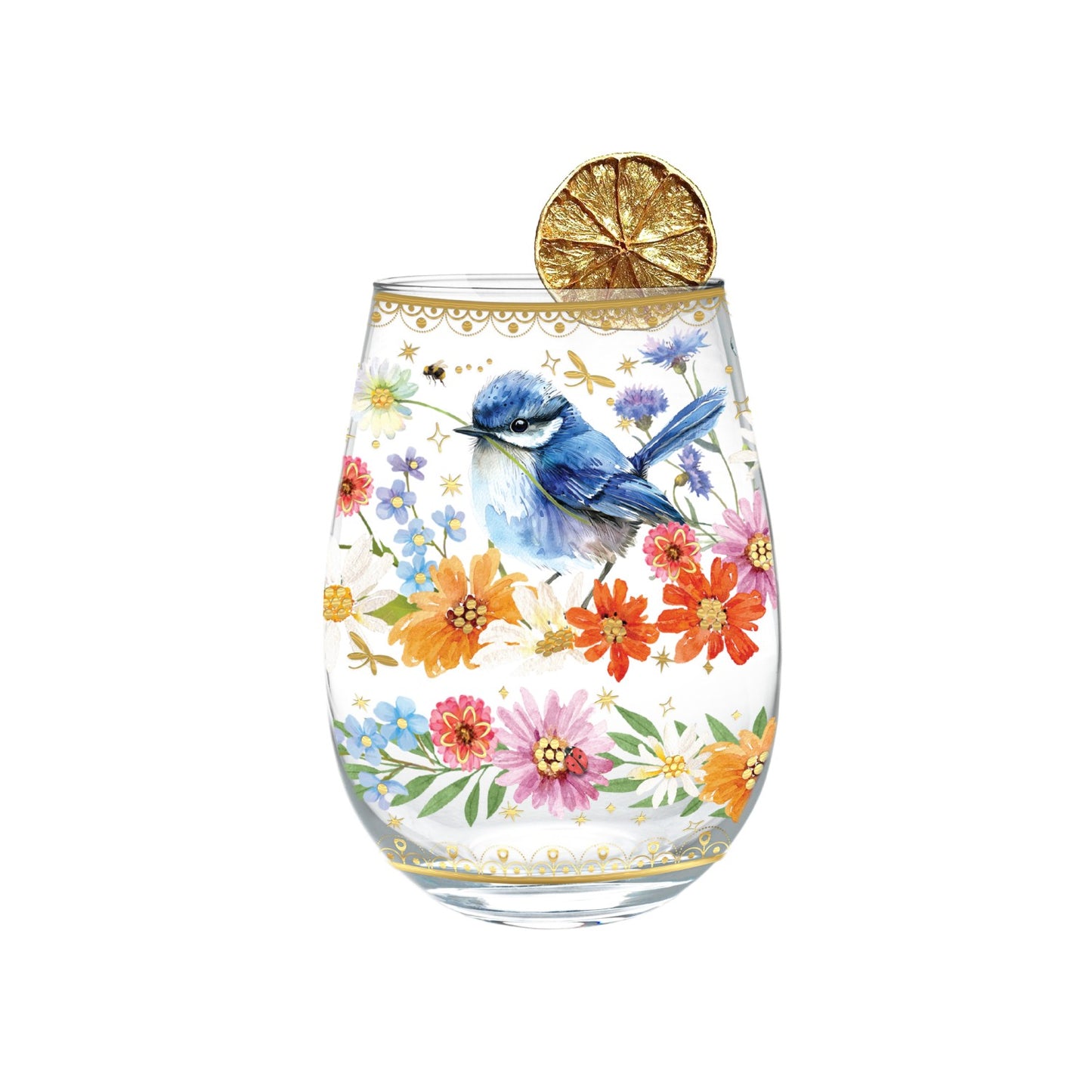 Lisa Pollock Stemless Glass Gold Detailing With 24K Gold Lime Garnish Floral Wren