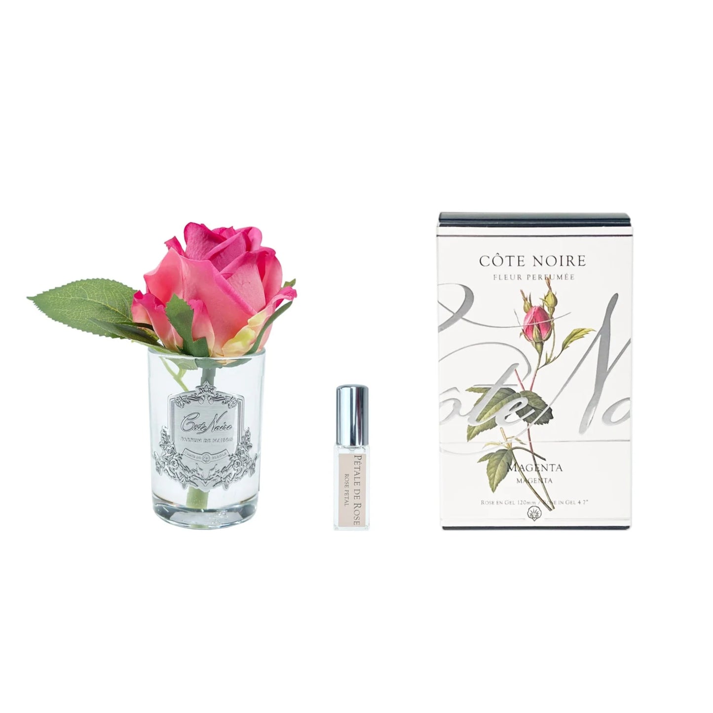 Cote Noire Rose Bud Perfumed Natural Touch Magenta Clear Glass With Silver Crest