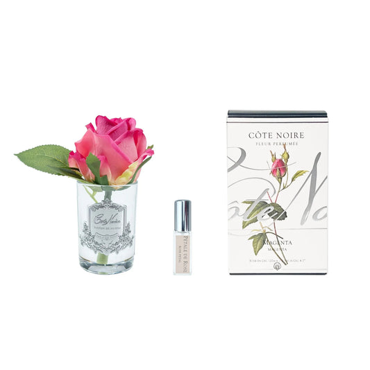 Cote Noire Rose Bud Perfumed Natural Touch Magenta Clear Glass With Silver Crest