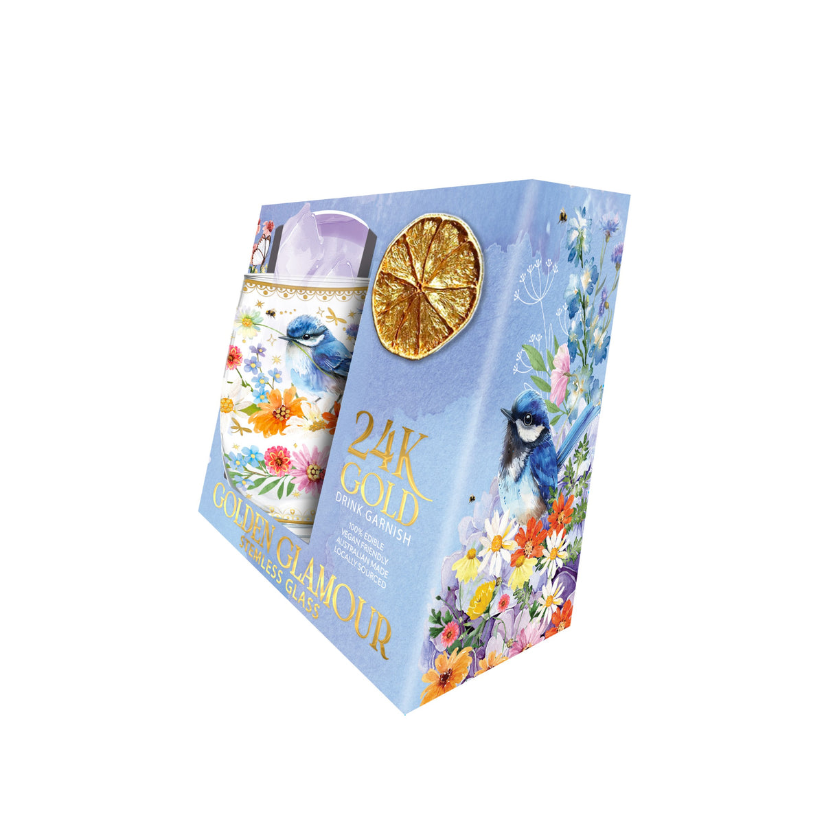 Lisa Pollock Stemless Glass Gold Detailing With 24K Gold Lime Garnish Floral Wren