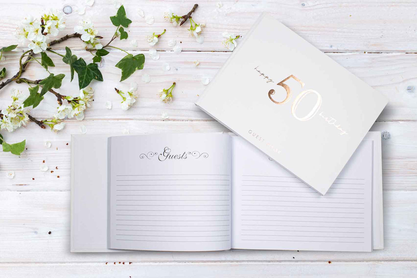 GUEST BOOK ROSE GOLD WRITING ON WHITE 50TH