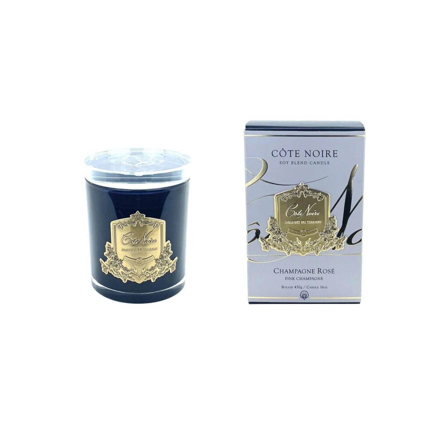 COTE NOIRE GOLD 450g CANDLE CRYSTAL GLASS LID PINK CHAMPAGNE