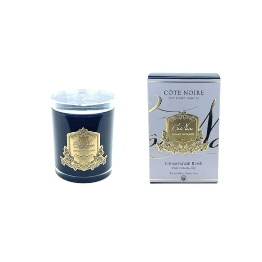 COTE NOIRE GOLD 450g CANDLE CRYSTAL GLASS LID PINK CHAMPAGNE