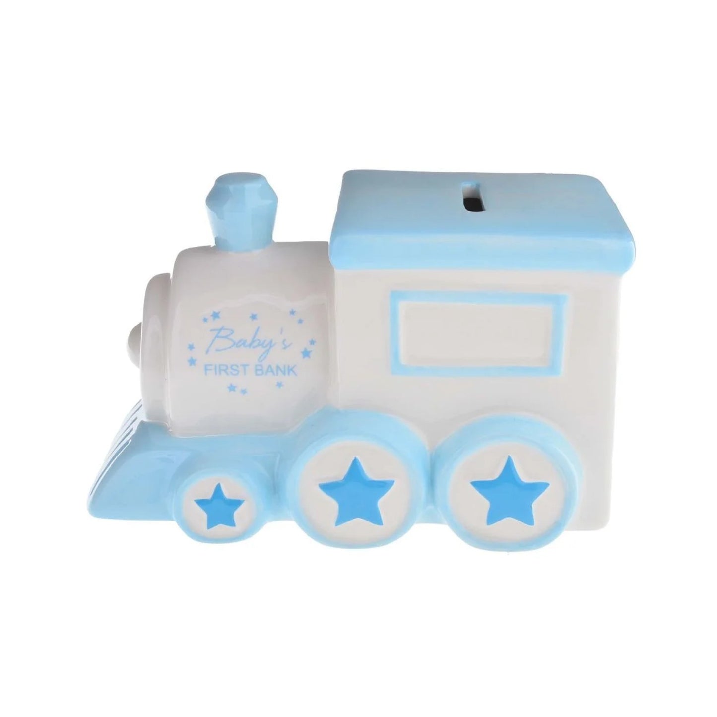 Money Bank Ceramic White & Blue Train 'Baby's First Bank'