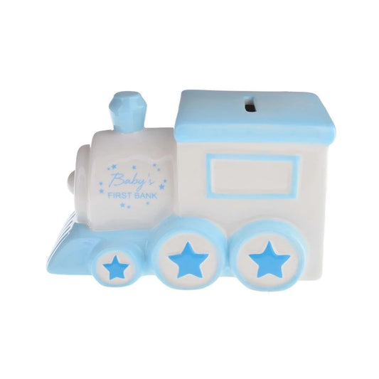 Money Bank Ceramic White & Blue Train 'Baby's First Bank'