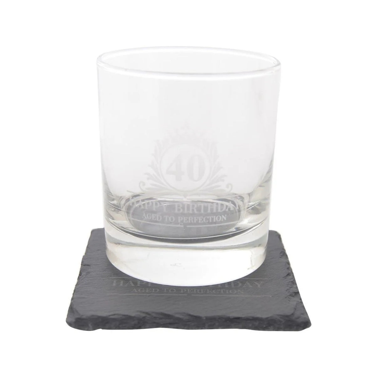 Birthday Whiskey Glass & Slate Coaster Set in Wooden Box 40th