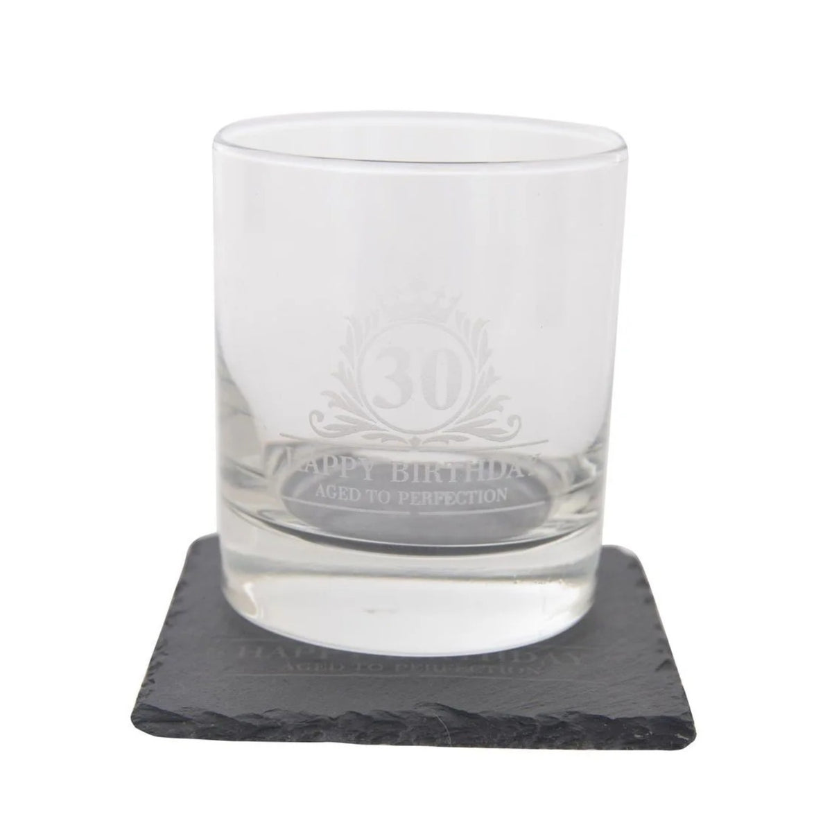 Birthday Whiskey Glass & Slate Coaster Set in Wooden Box 30th