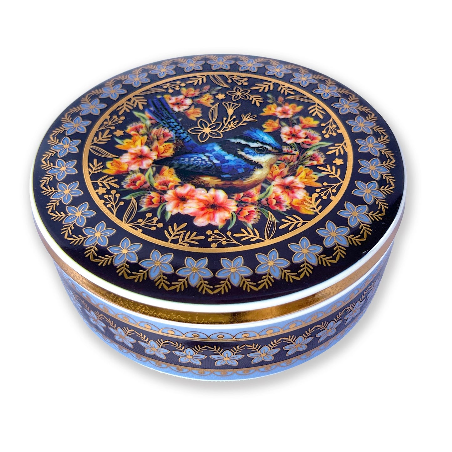 Lisa Pollock Ceramic Jar With Lid In Gift Box Blue Wrens