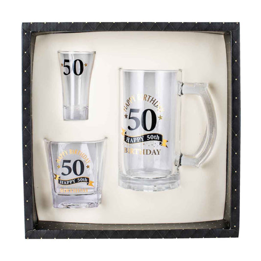 BIRTHDAY STEIN, WHISKY & SHOT GLASS SET 50TH