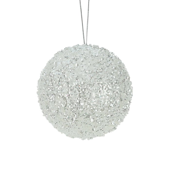CHRISTMAS STYRO BEADED SEQUIN HANGING BALL WHITE MEDIUM