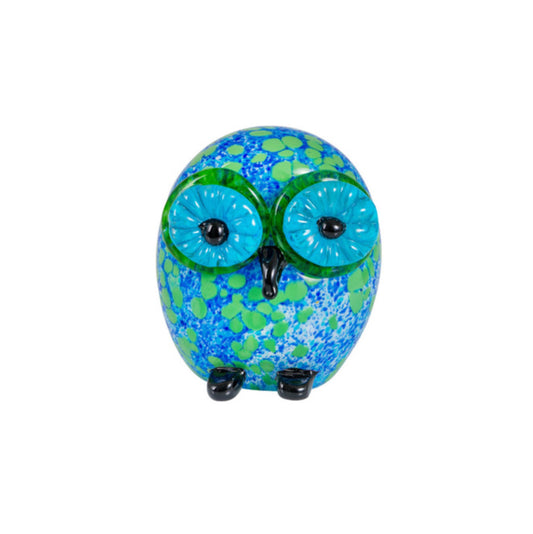 ZIBO ART GLASS OWL BLUE & GREEN HIBOU