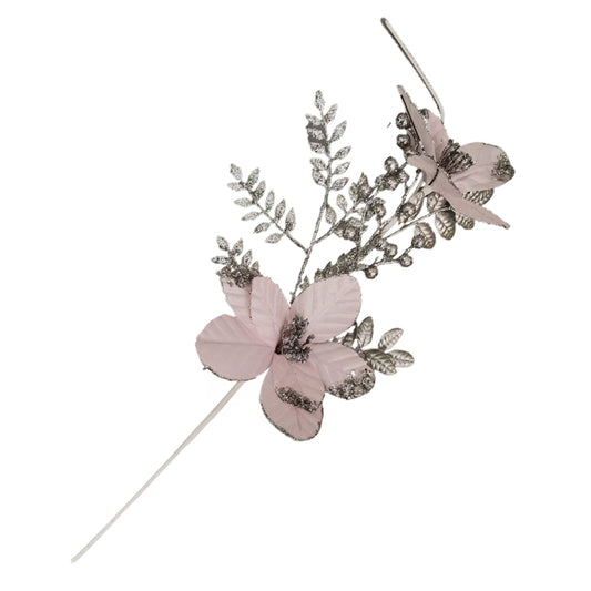 CHRISTMAS VELVET MAGNOLIA SPRAY PINK SILVER