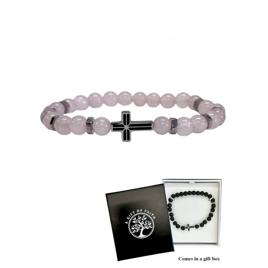Bracelet Rose Quartz Beeds With Stainless Steel Cross