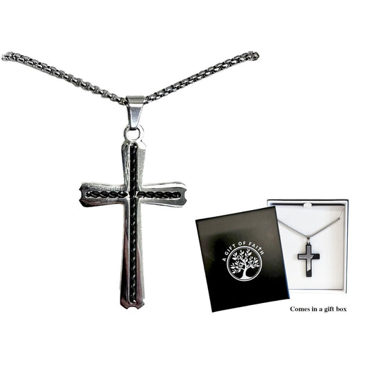 Necklace Gift Of Faith Stainless Steel With 40mm Cross Black Twist