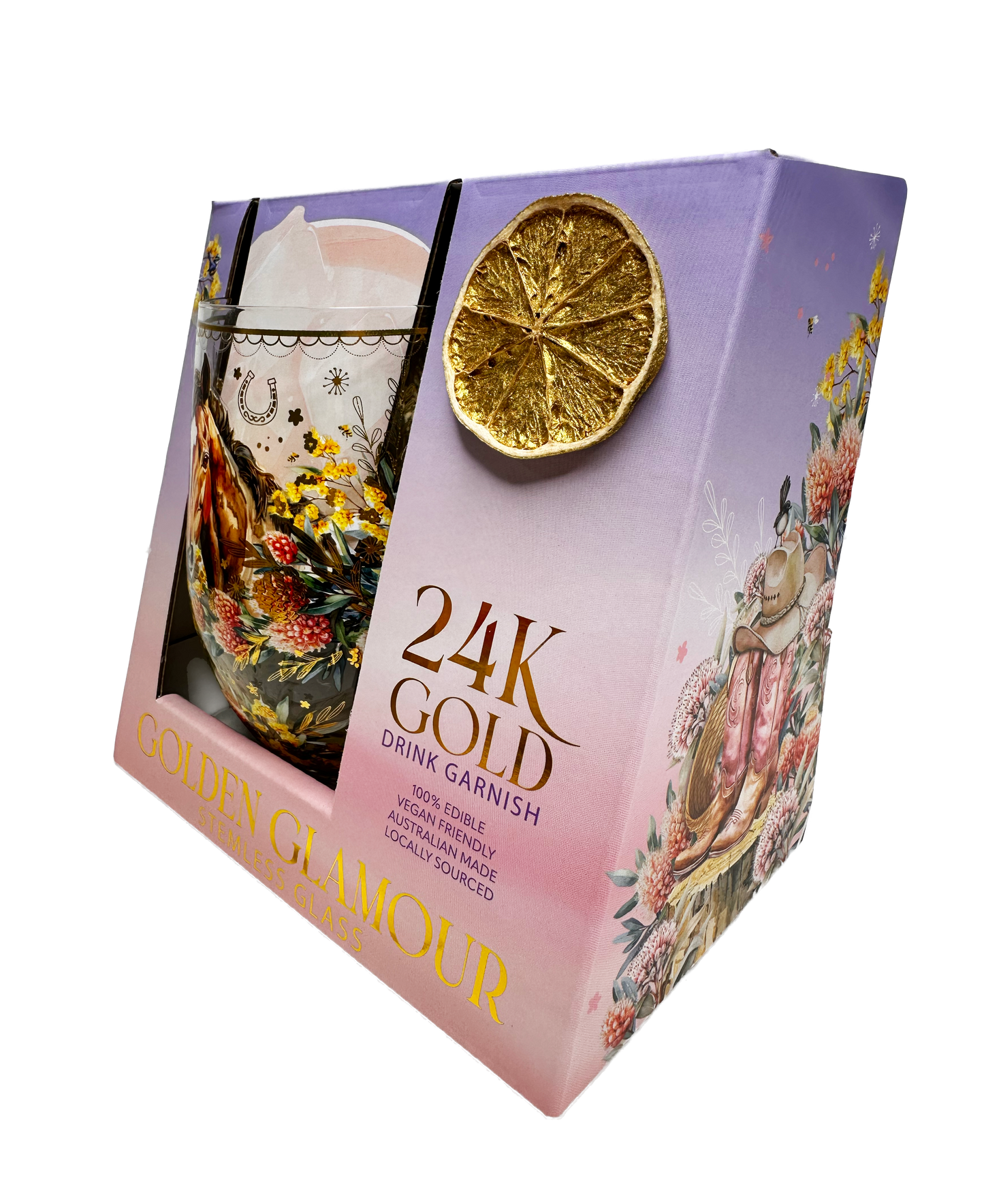 Lisa Pollock Stemless Glass Gold Detailing With 24K Gold Lime Garnish Country Dusk