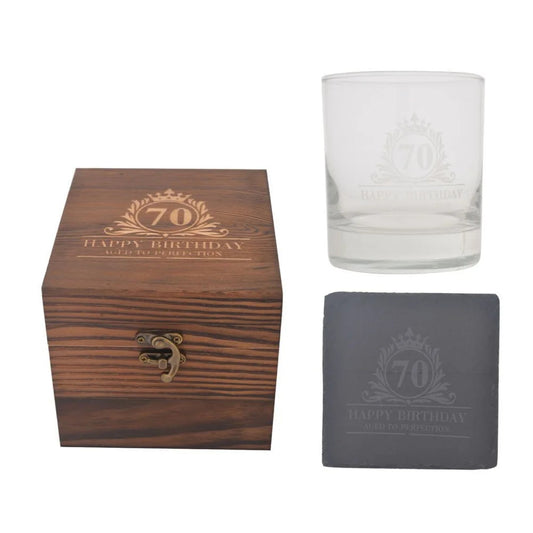 Birthday Whiskey Glass & Slate Coaster Set in Wooden Box 70th