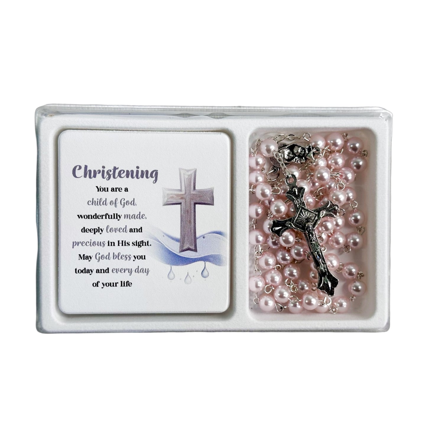 ROSARY AND VERSE PLAQUE SET CHRISTENING PINK