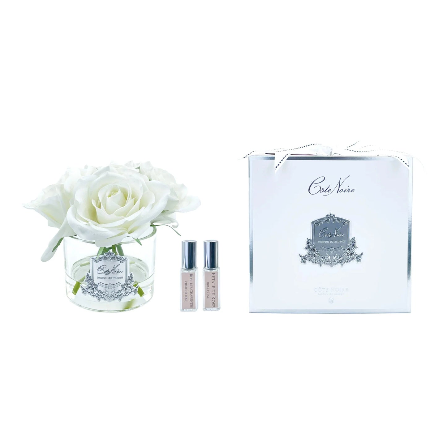 Cote Noire Five Rose Ivory White Clear Glass with Silver Crest