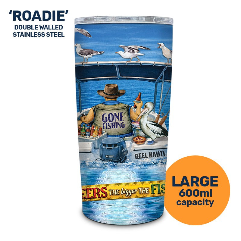 Lisa Pollock Double Walled Stainless Steel Travel Mug Roadie "Fishing & Beer"