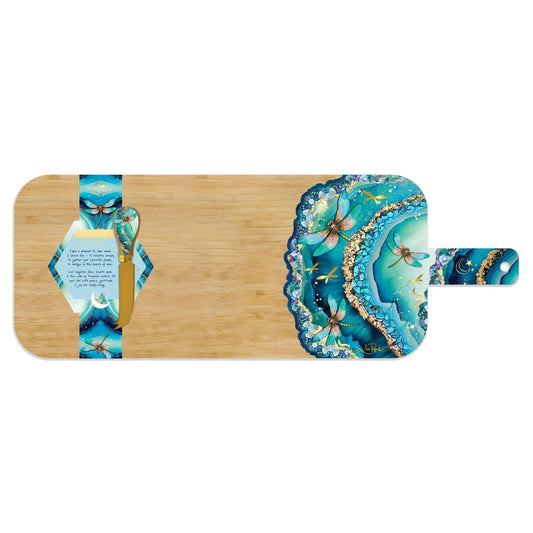 Lisa Pollock Crystal Resin Bamboo Board With Matching Cheese Knife Turquoise Dragonflies