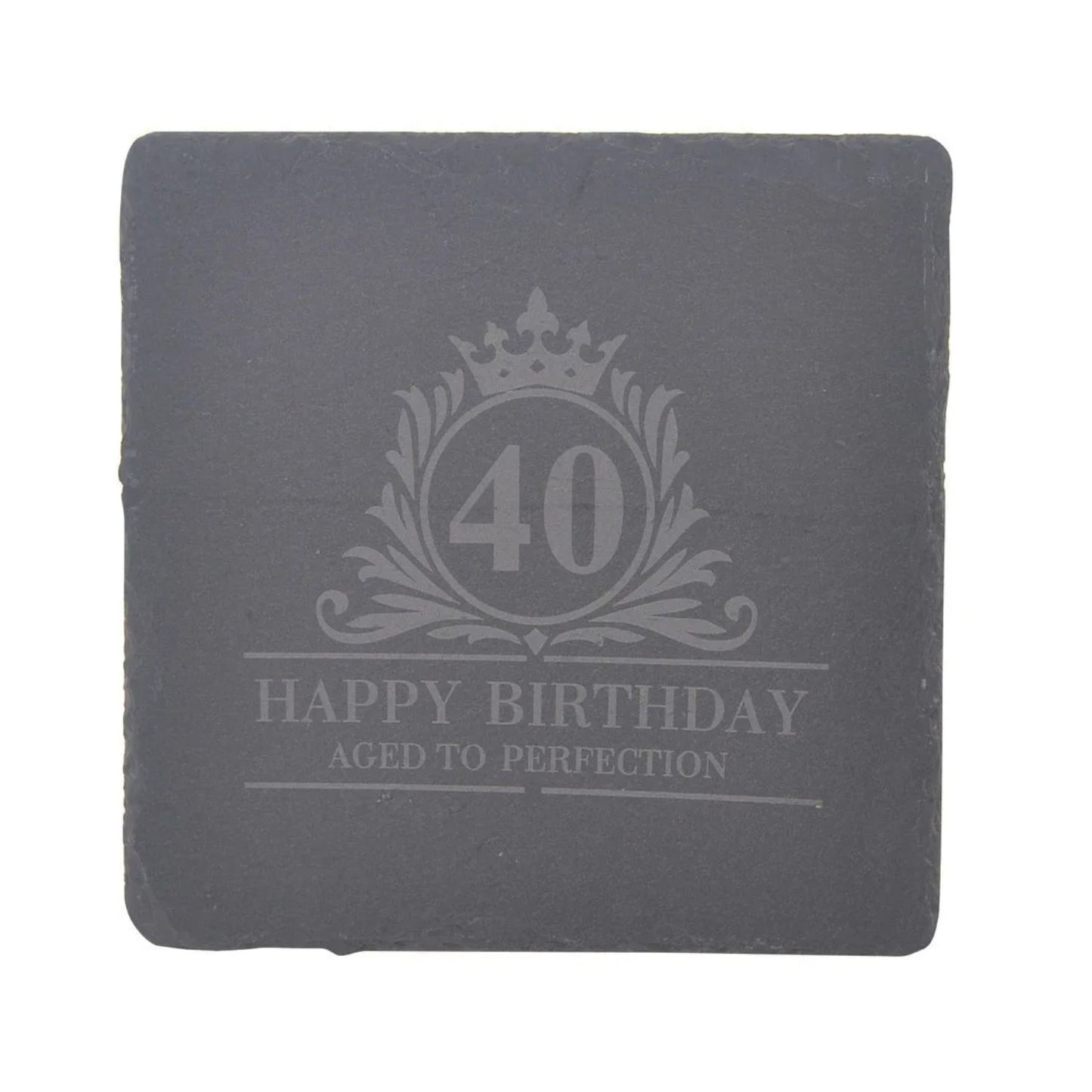 Birthday Whiskey Glass & Slate Coaster Set in Wooden Box 40th