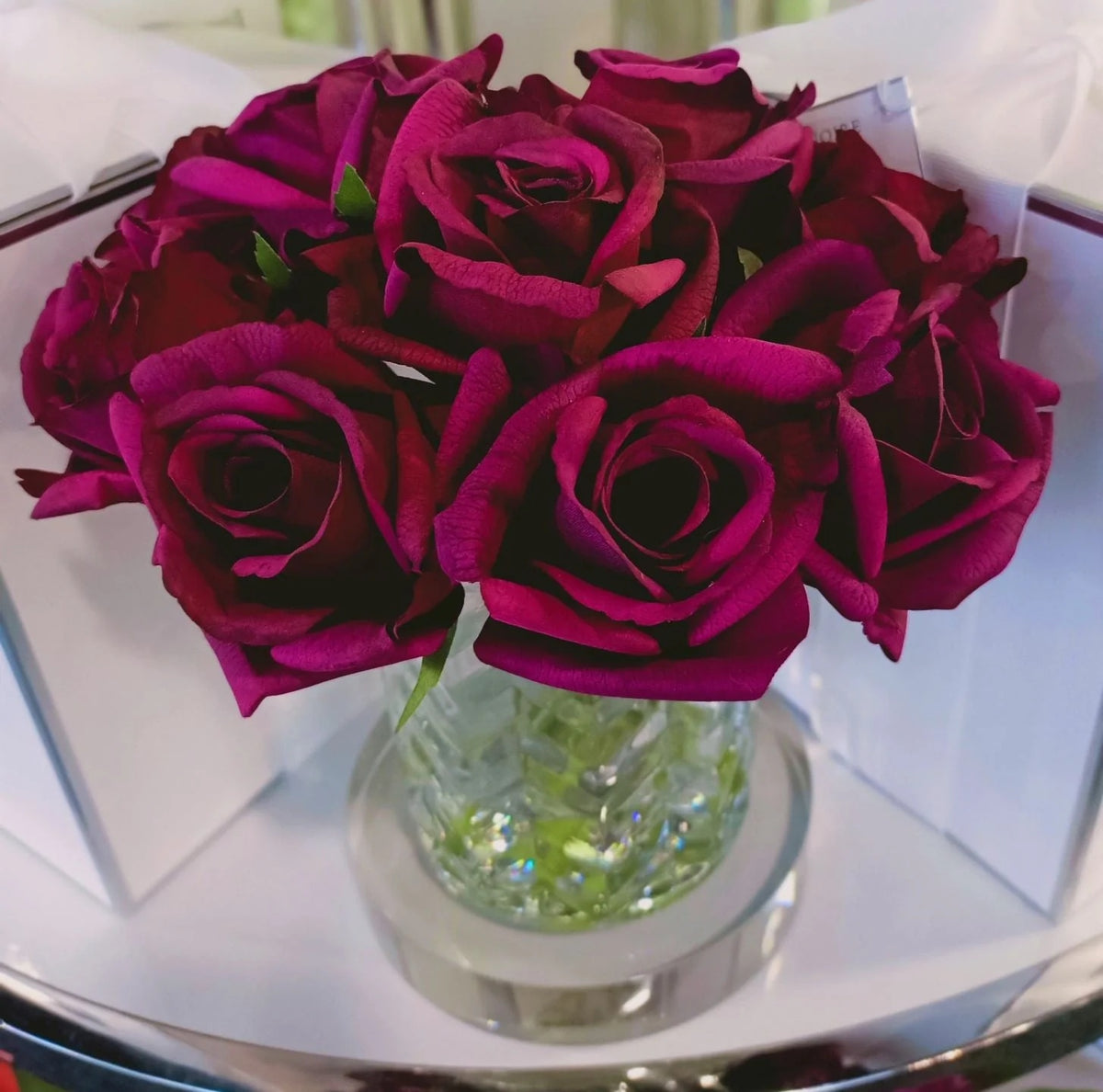 Cote Noire Herringbone Flower Clear Cut Glass Red Rose Buds