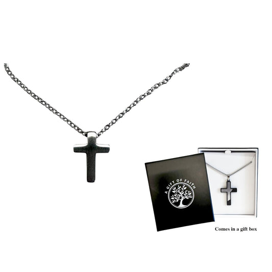 Necklace Gift Of Faith Stainless Steel With 17mm Cross Brushed Gunmetal Grey