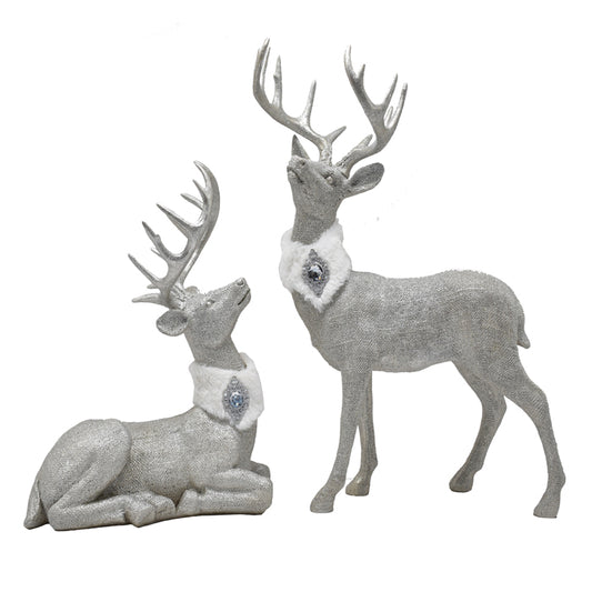 CHRISTMAS RESIN DEER WITH SCARF SILVER SET OF 2