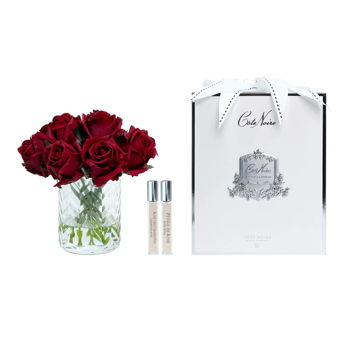 Cote Noire Herringbone Flower Clear Cut Glass Red Rose Buds
