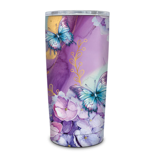 Lisa Pollock Double Walled Stainless Steel Travel Roadie Amethyst Butterfly