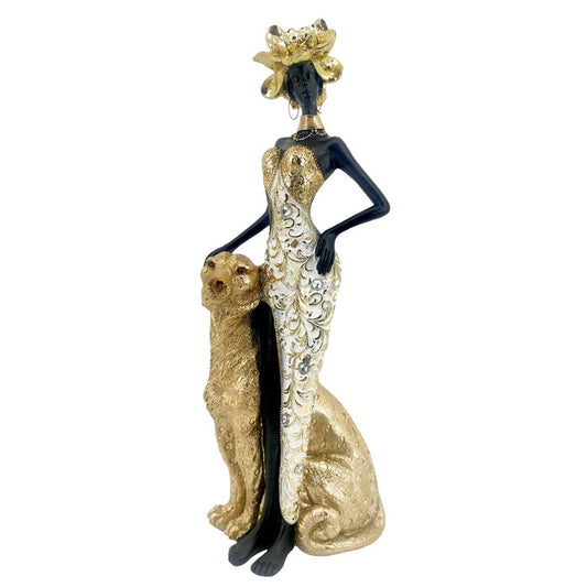 Melanie Resin African Woman Standing With Leopard Figurine