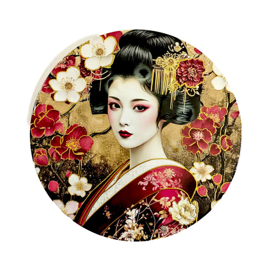 CERAMIC TRIVET ROUND GEISHA RED & WHITE FLOWERS