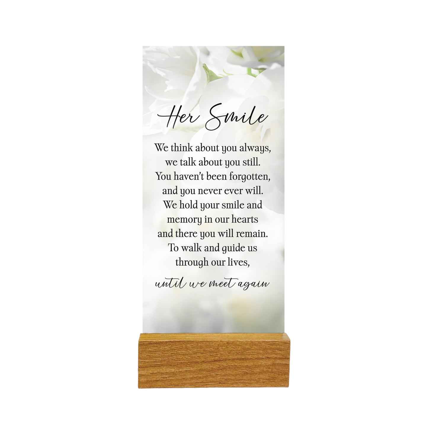 GLASS PLAQUE WITH STAND VERSE HER SMILE