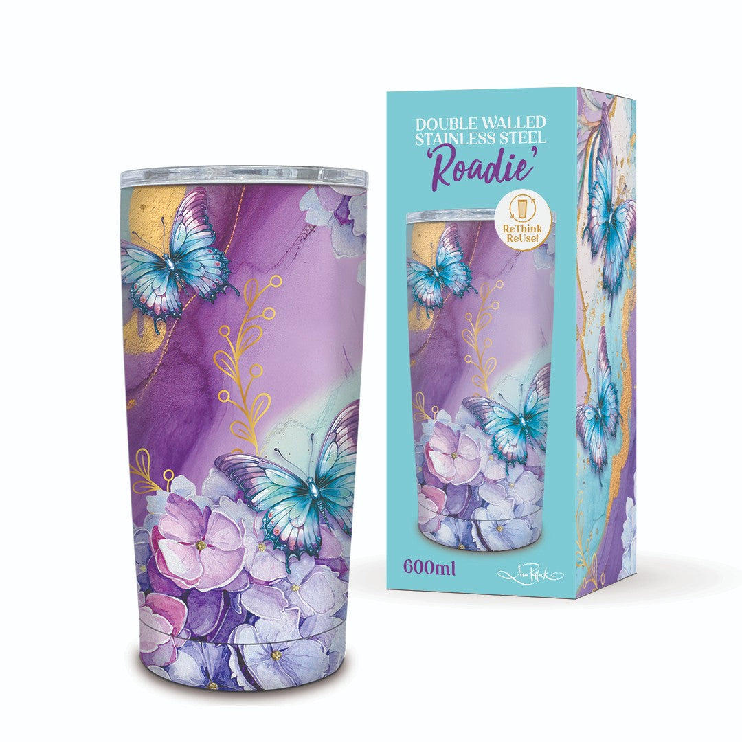 Lisa Pollock Double Walled Stainless Steel Travel Roadie Amethyst Butterfly