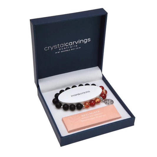 Bramble Bay Bracelet Matte Black Agate, Red Agate & Orange With Rhodium Tree Of Life Charm