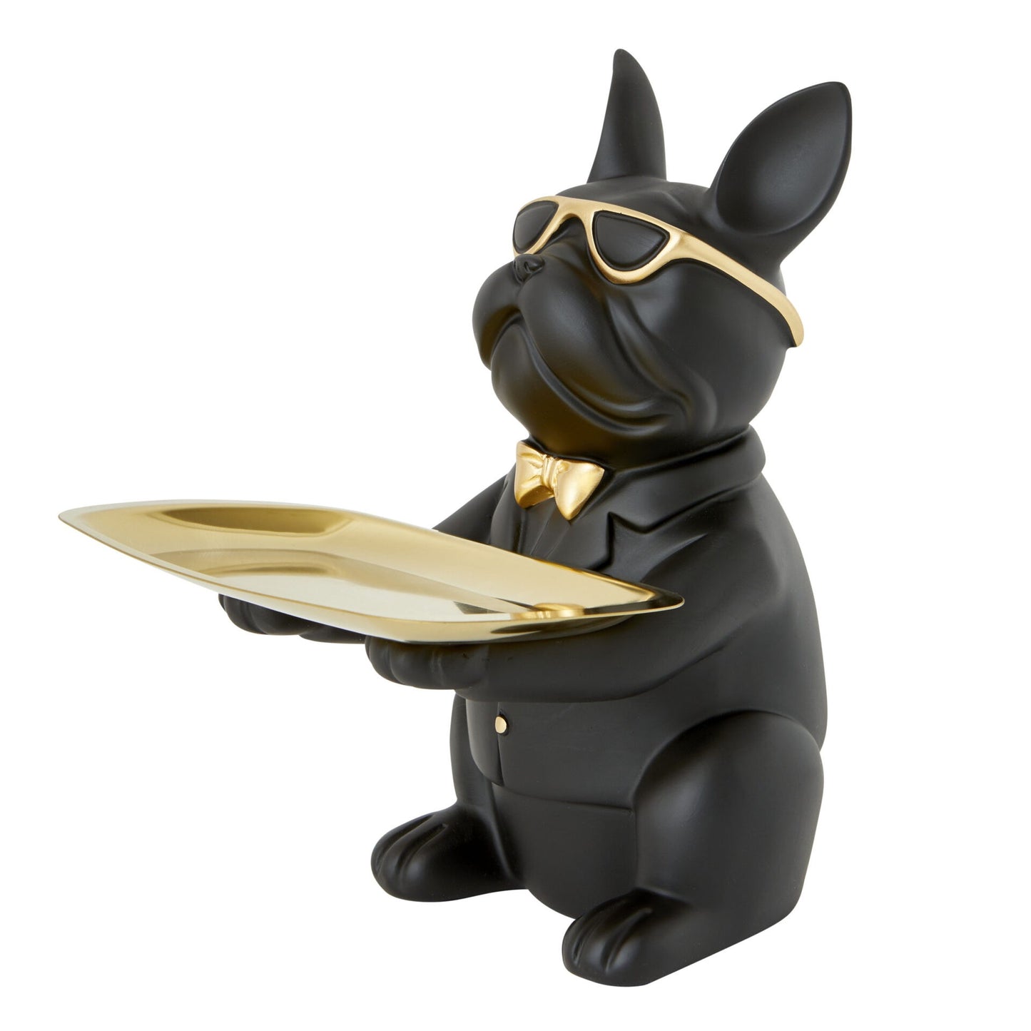 Bulldog Figurine Holding Rectangle Tray Black & Gold