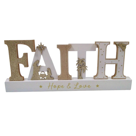 Christmas Wooden Nativity Scene Wood With Glitter "FAITH"