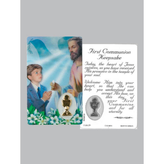 Laminated Window Prayer Card & Charm First Communion Boy