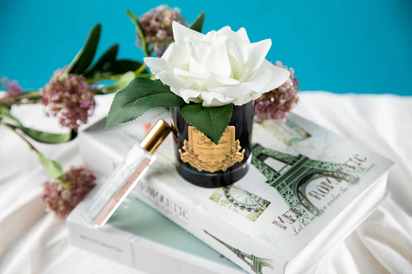 Cote Noire Single French Rose Perfumed Natural Touch Ivory White In Black Glass With Gold Crest