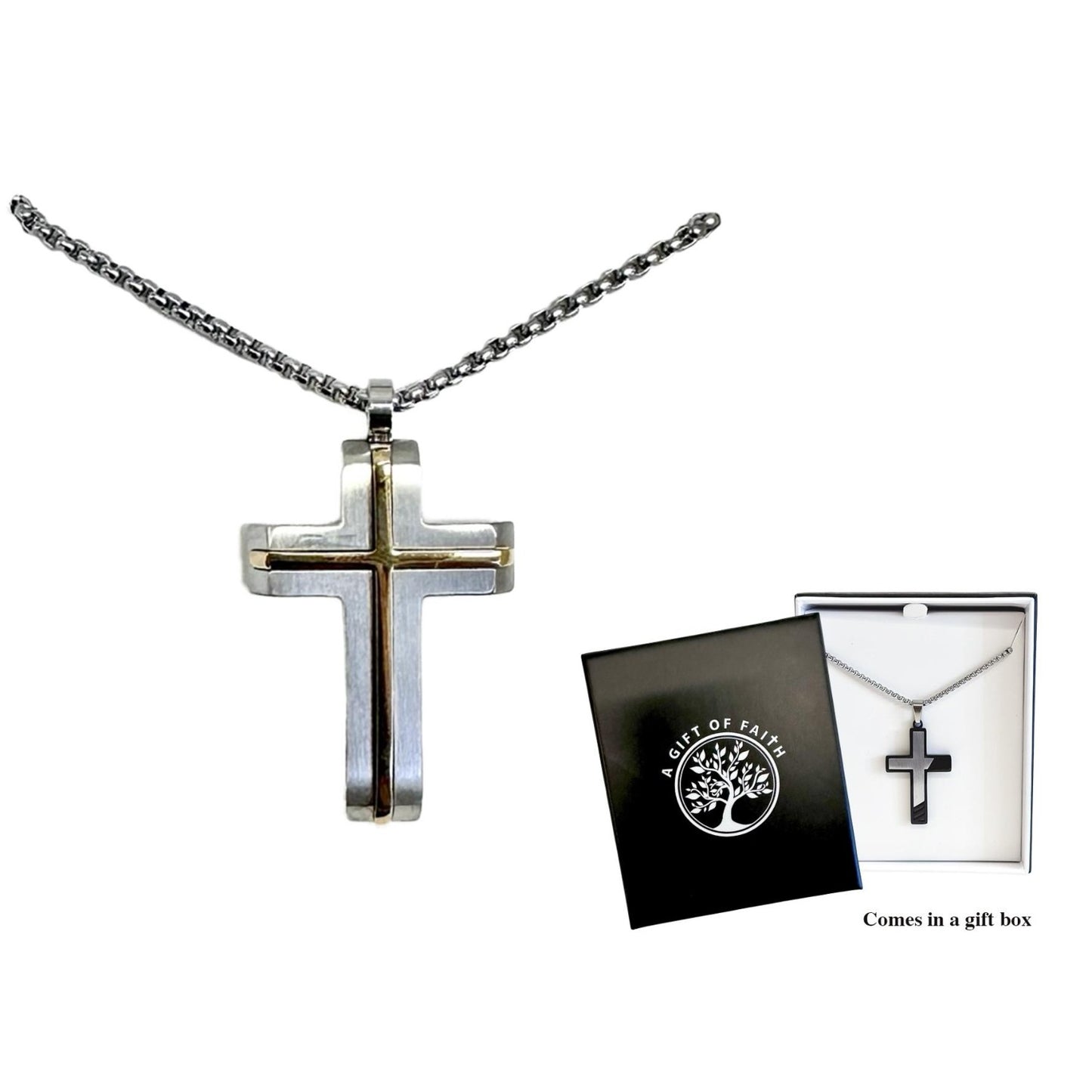 Necklace Gift Of Faith Stainless Steel With 35mm Cross Brushed Silver & Polished Gold