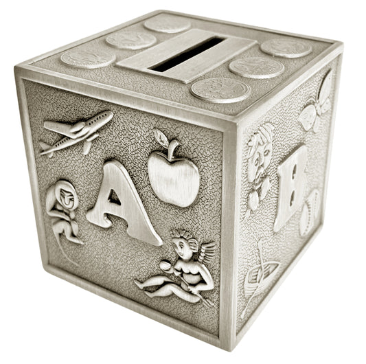 MONEY BANK CUBE ABC PEWTER FINISH