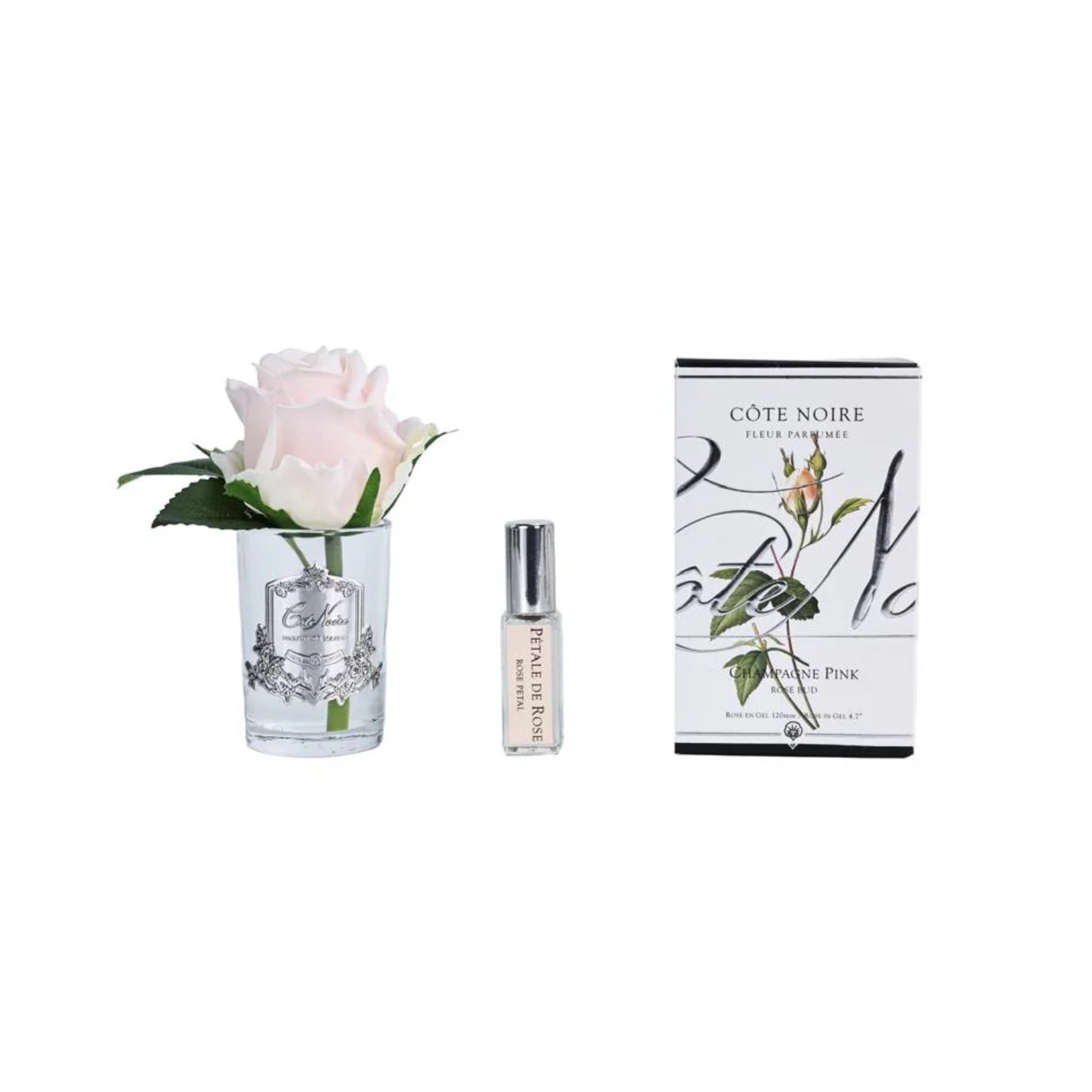 Cote Noire Rose Bud Perfumed Natural Touch Champagne Pink In Clear Glass With Silver Crest