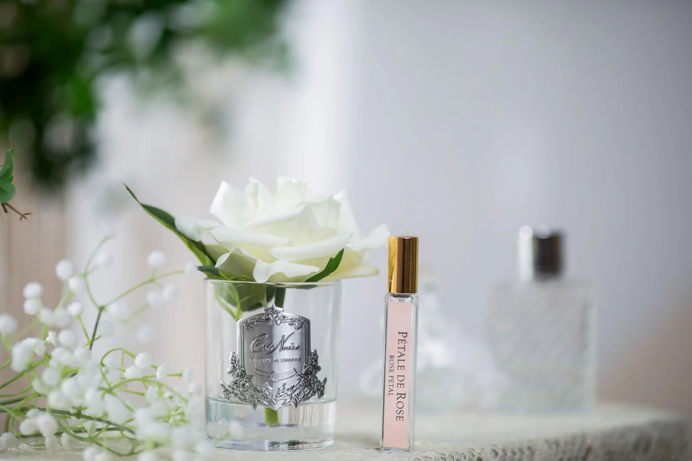 Cote Noire Single French Rose Perfumed Natural Touch Ivory White In Clear Glass With Silver Crest